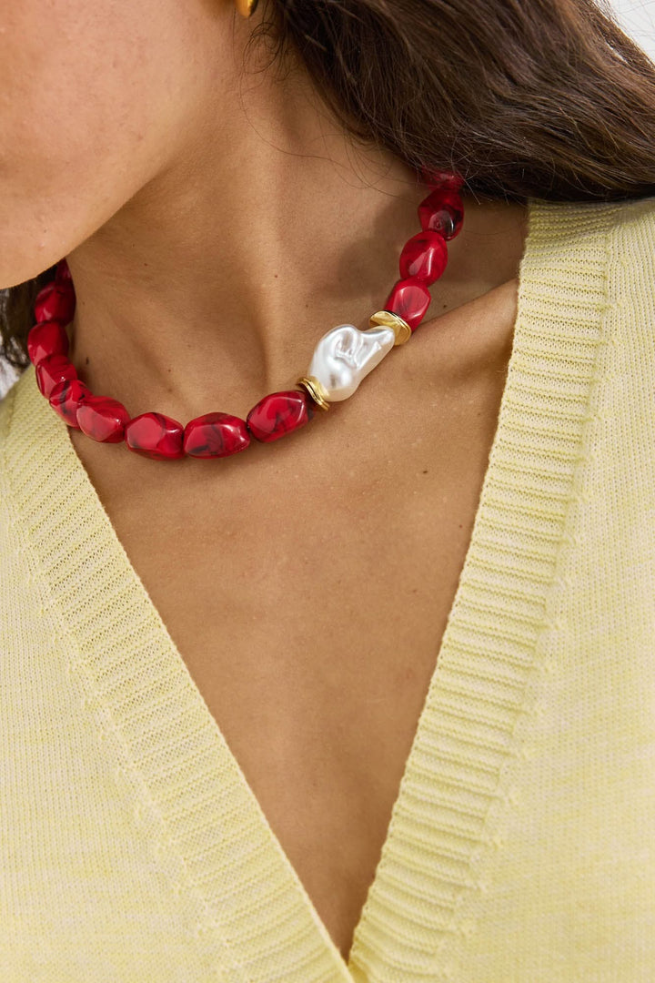 שרשרת חרוזים גאלה בשילוב פנינה | אדום