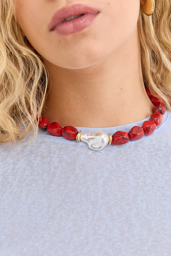 שרשרת חרוזים גאלה בשילוב פנינה | אדום