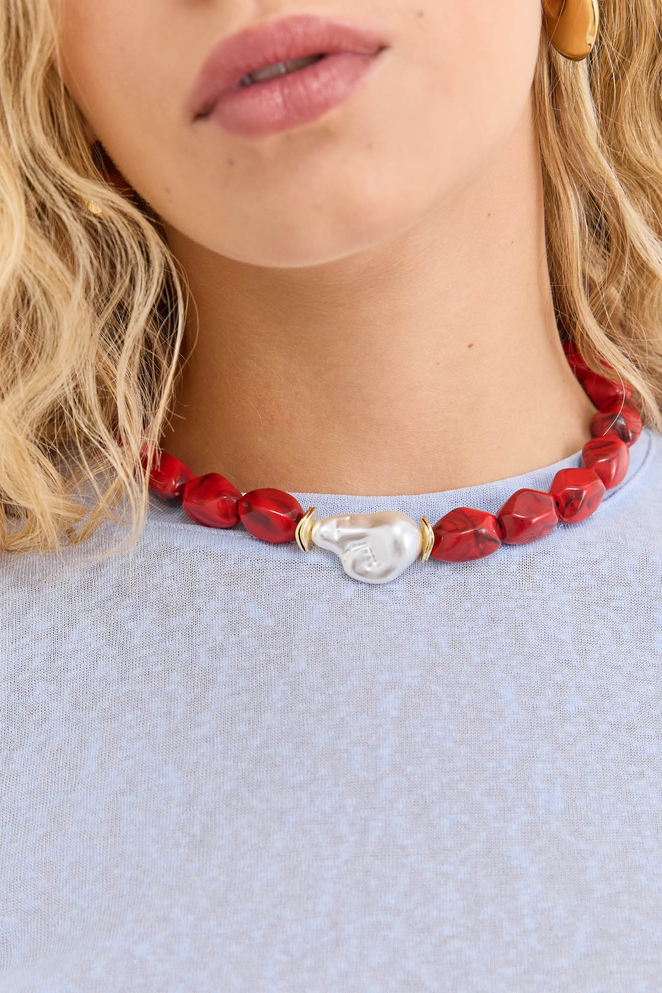 שרשרת חרוזים גאלה בשילוב פנינה | אדום