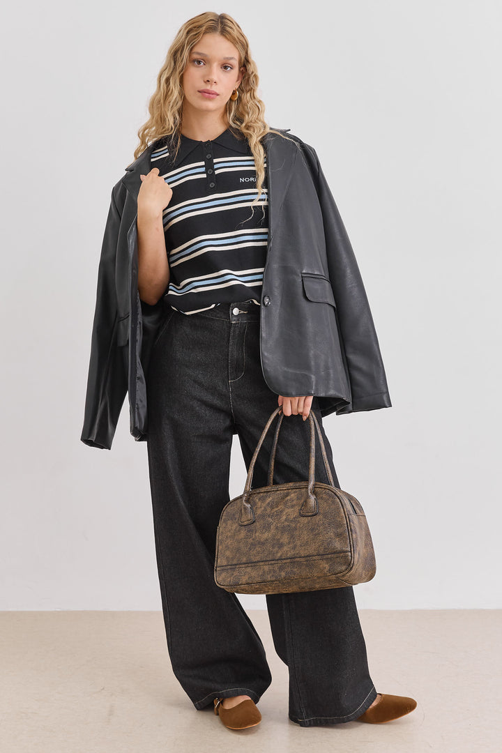 חולצת סקרלט סטרייפס צווארון פולו | שחור/כחול