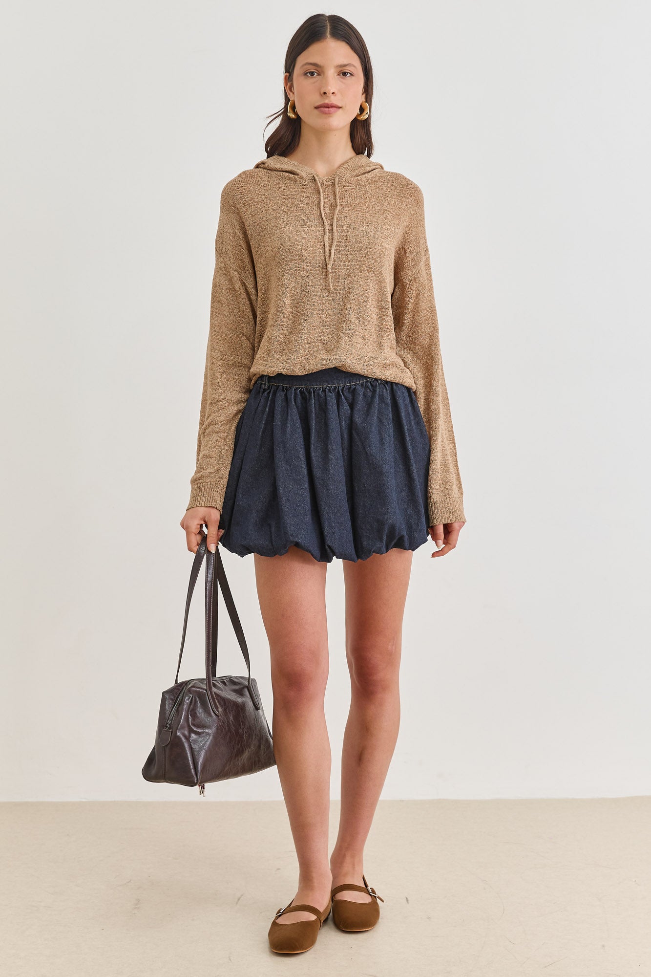 חולצת סריג מנדי בשילוב קפוצ'ון | מוקה