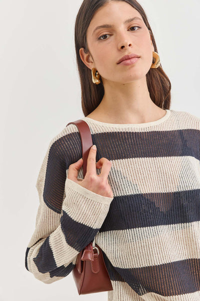 חולצת בובי סטרייפס סריג מחורר | לבן/שחור