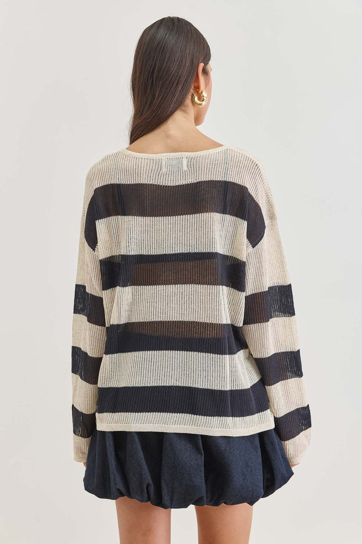 חולצת בובי סטרייפס סריג מחורר | לבן/שחור