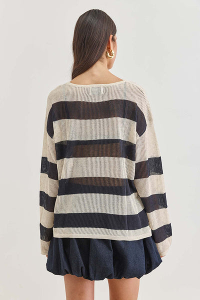 חולצת בובי סטרייפס סריג מחורר | לבן/שחור