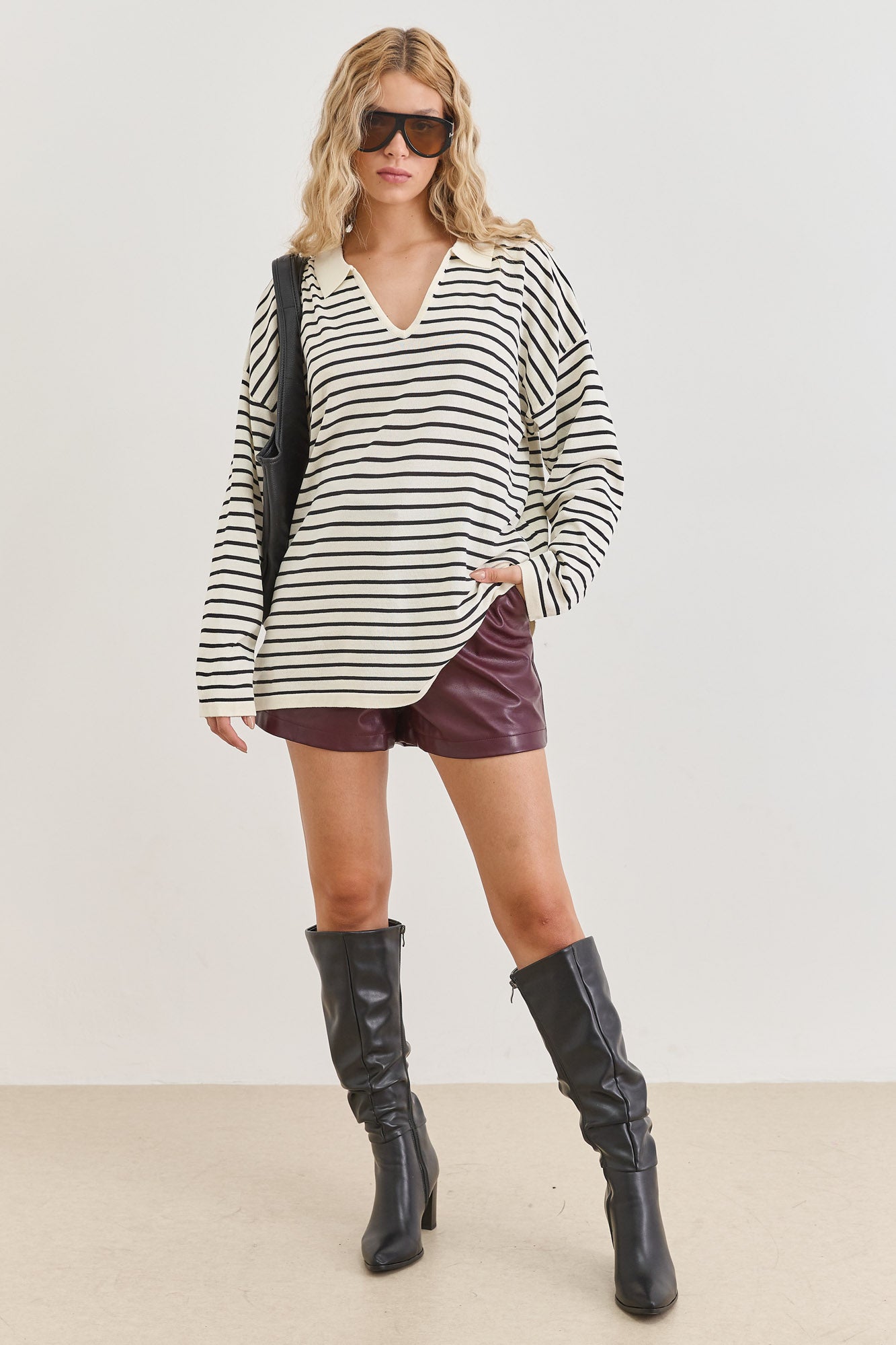 טוניקת סריג דק מילה סטרייפס | לבן/שחור