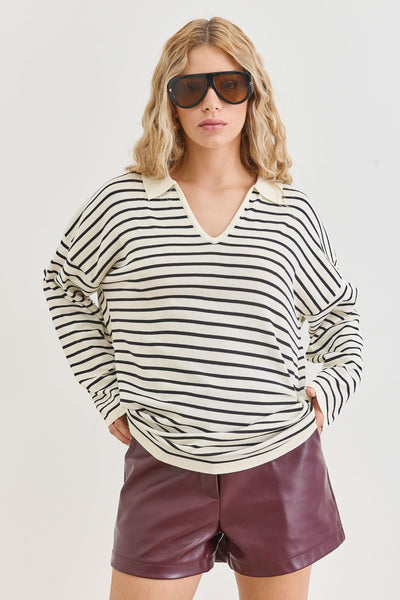 טוניקת סריג דק מילה סטרייפס | לבן/שחור