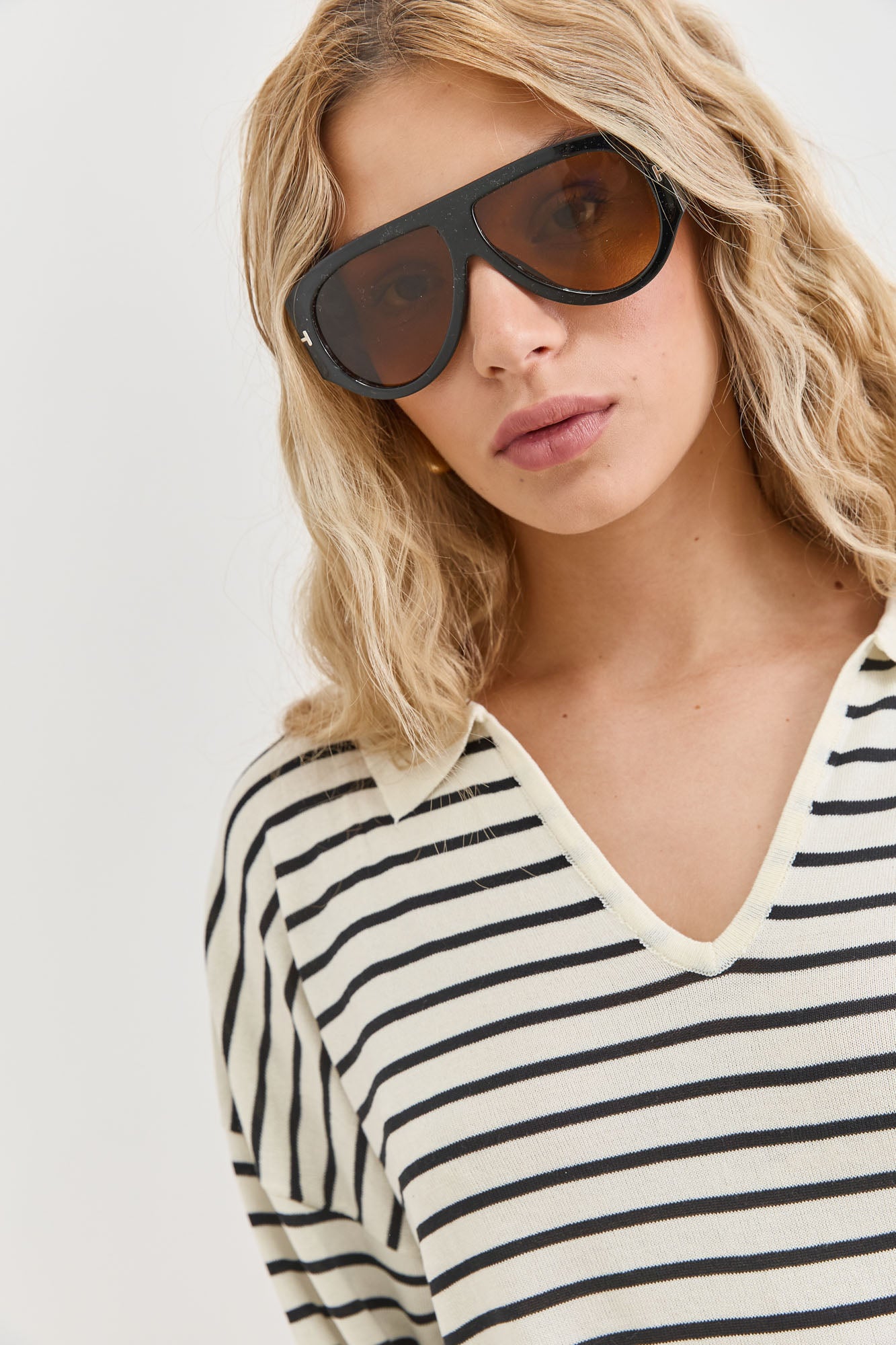 טוניקת סריג דק מילה סטרייפס | לבן/שחור