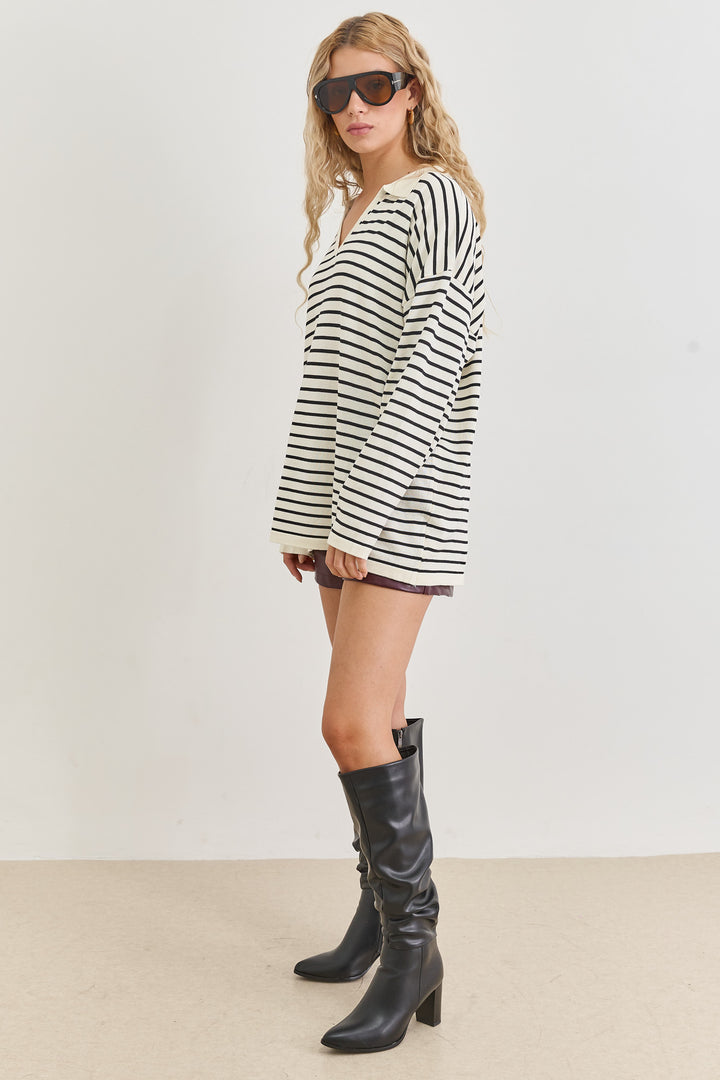 טוניקת סריג דק מילה סטרייפס | לבן/שחור