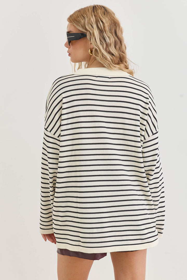 טוניקת סריג דק מילה סטרייפס | לבן/שחור