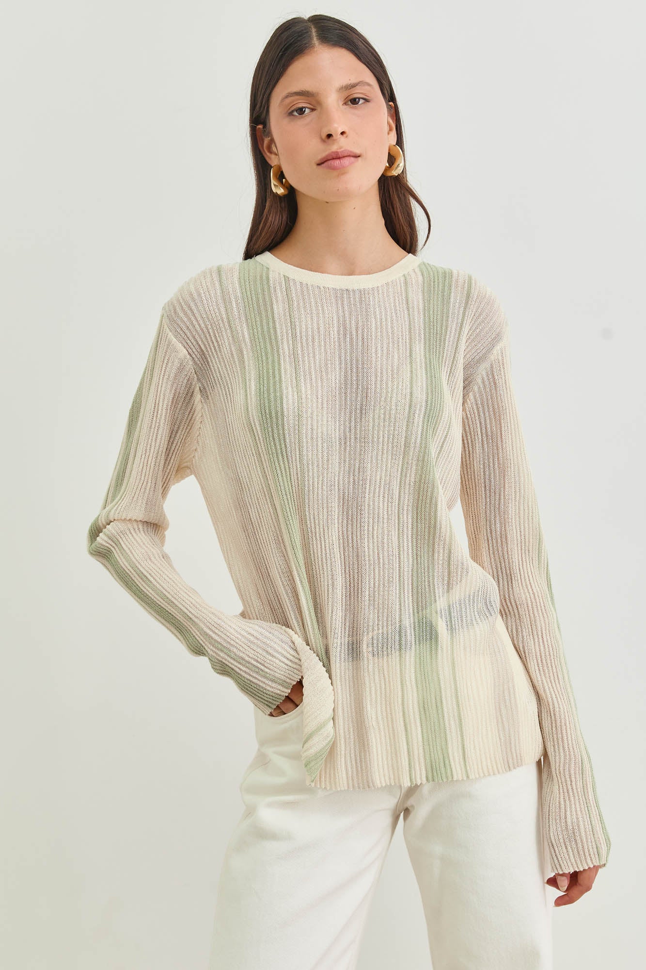 חולצת סריג מרתה סטרייפס | שמנת/ירוק