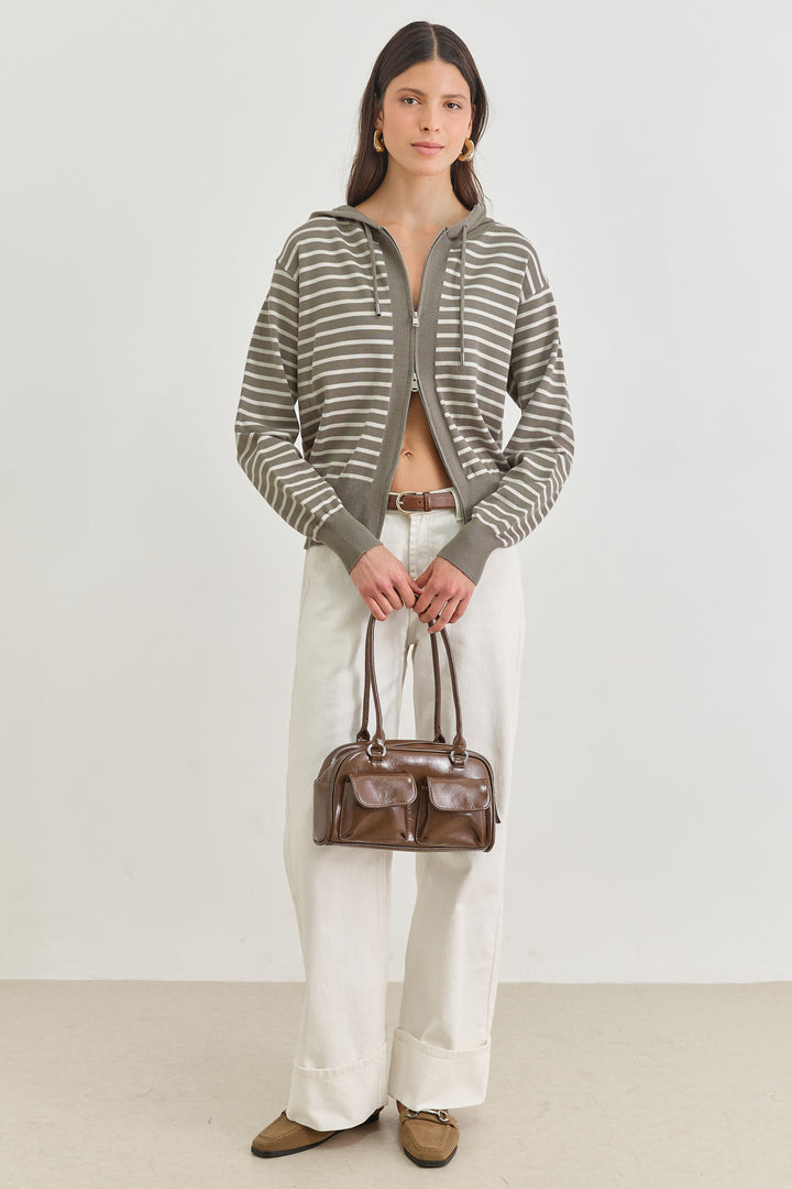 סוויטשירט סריג קפוצ'ון סטארק סטרייפס | ירוק זית/שמנת