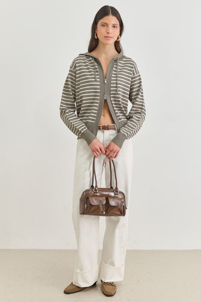 סוויטשירט סריג קפוצ'ון סטארק סטרייפס | ירוק זית/שמנת