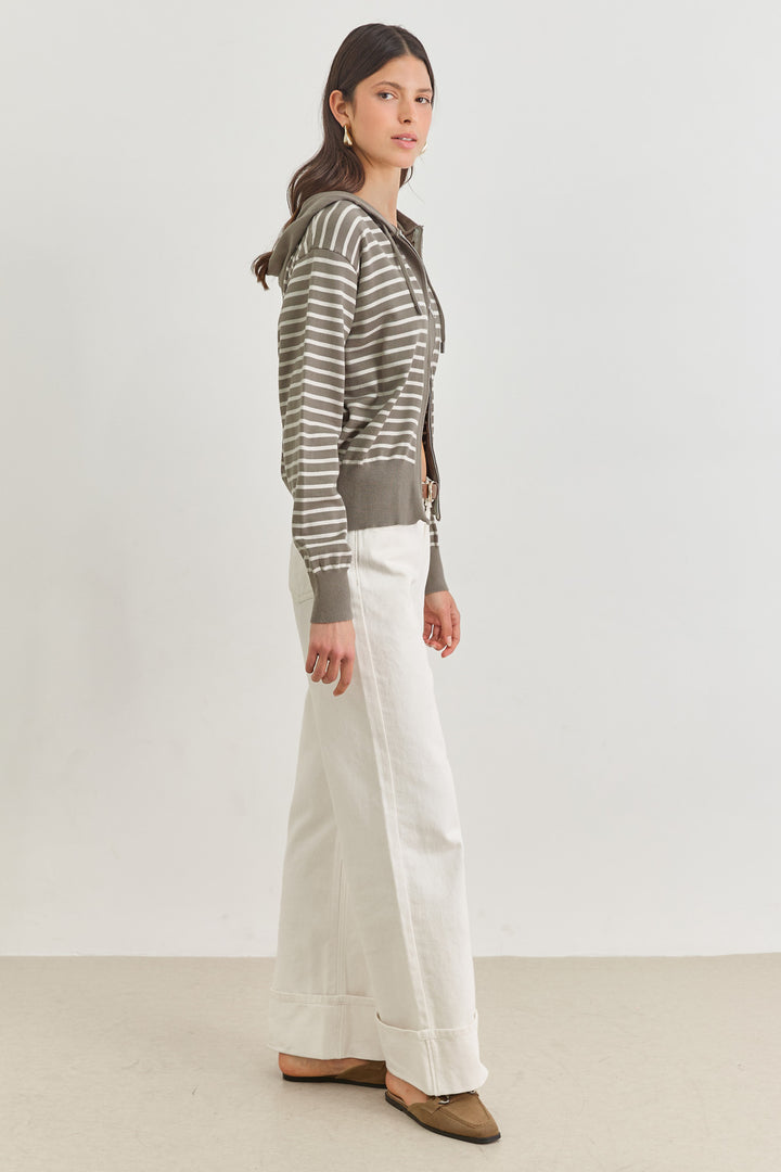 סוויטשירט סריג קפוצ'ון סטארק סטרייפס | ירוק זית/שמנת