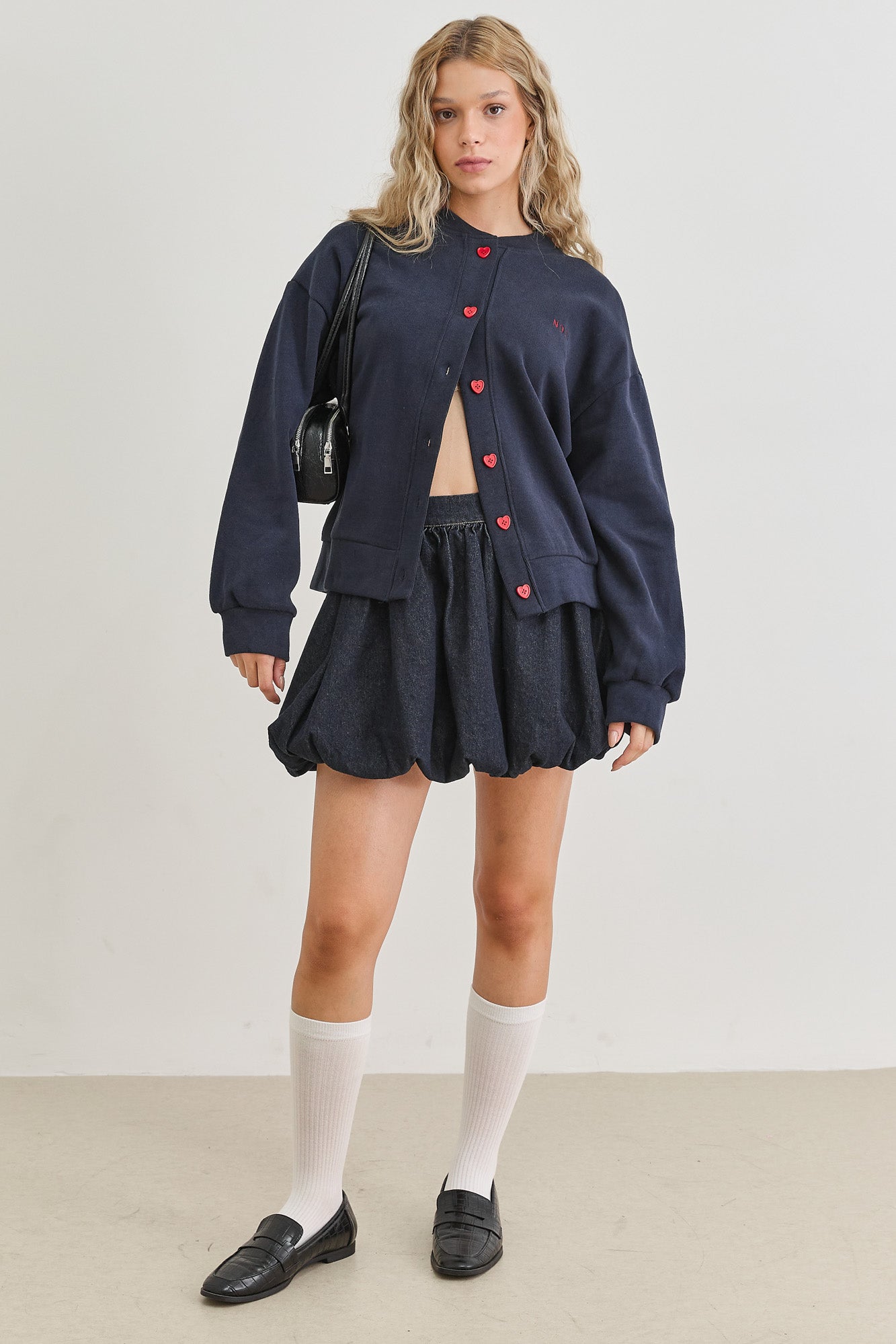 בומבר סוויטהארט בשילוב כפתורי לב | כחול נייבי