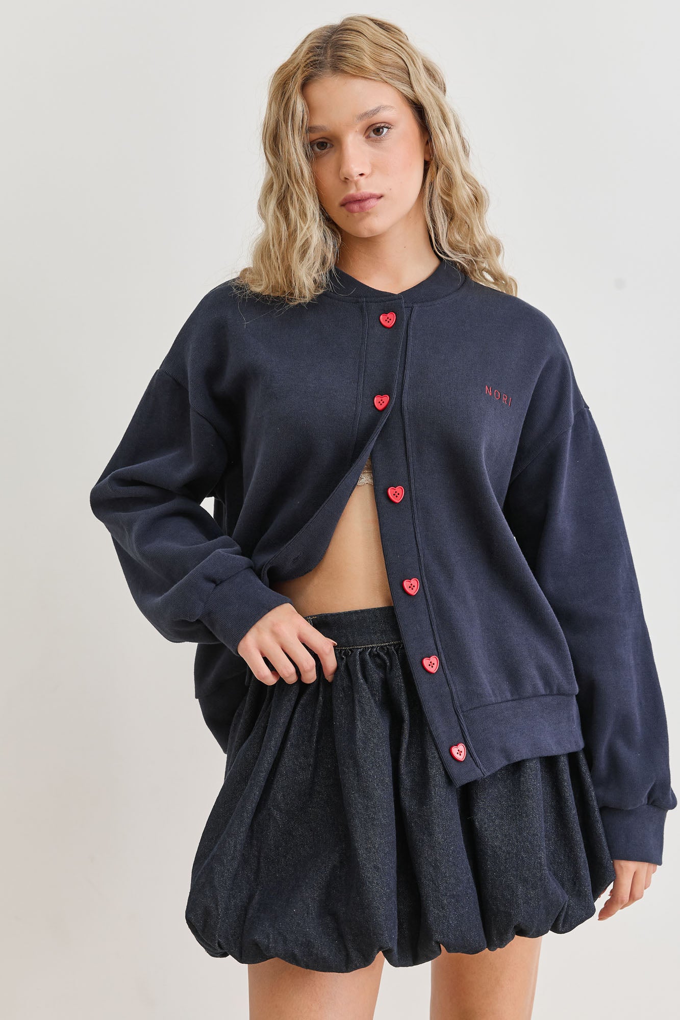 בומבר סוויטהארט בשילוב כפתורי לב | כחול נייבי