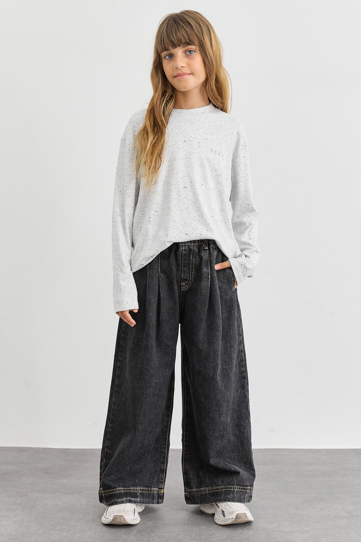 טי שירט עם הדפס נקודות ורקמה | אפור