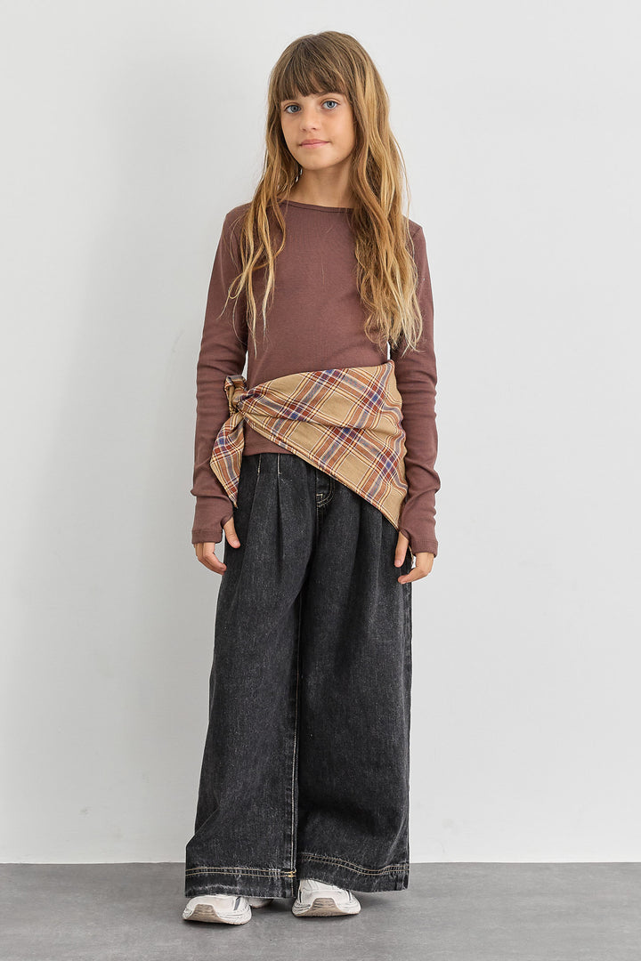 חולצת בייסיק צווארון ניקי ושרוול כפפה | חום