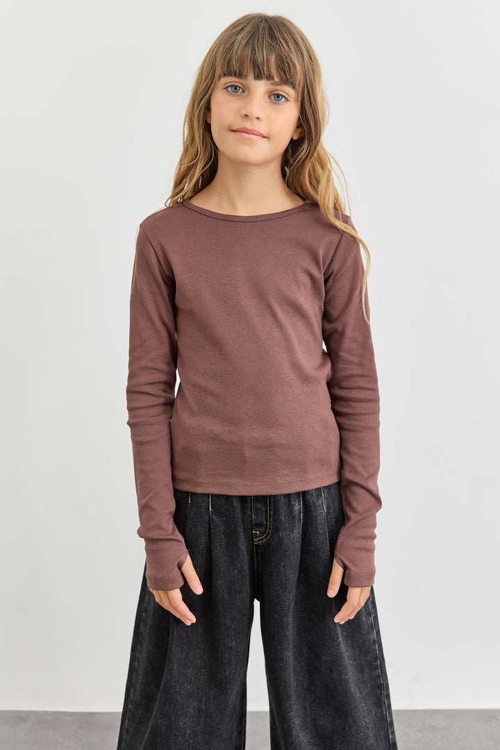 חולצת בייסיק צווארון ניקי ושרוול כפפה | חום