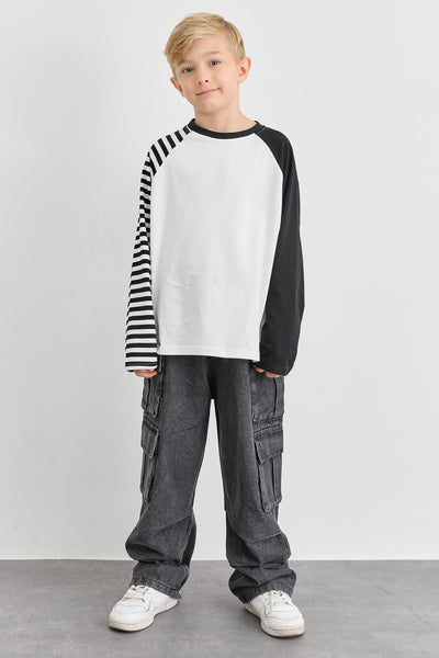 טי שירט בגזרת אוברסייז שרוולים מבד משולב | לבן שחור