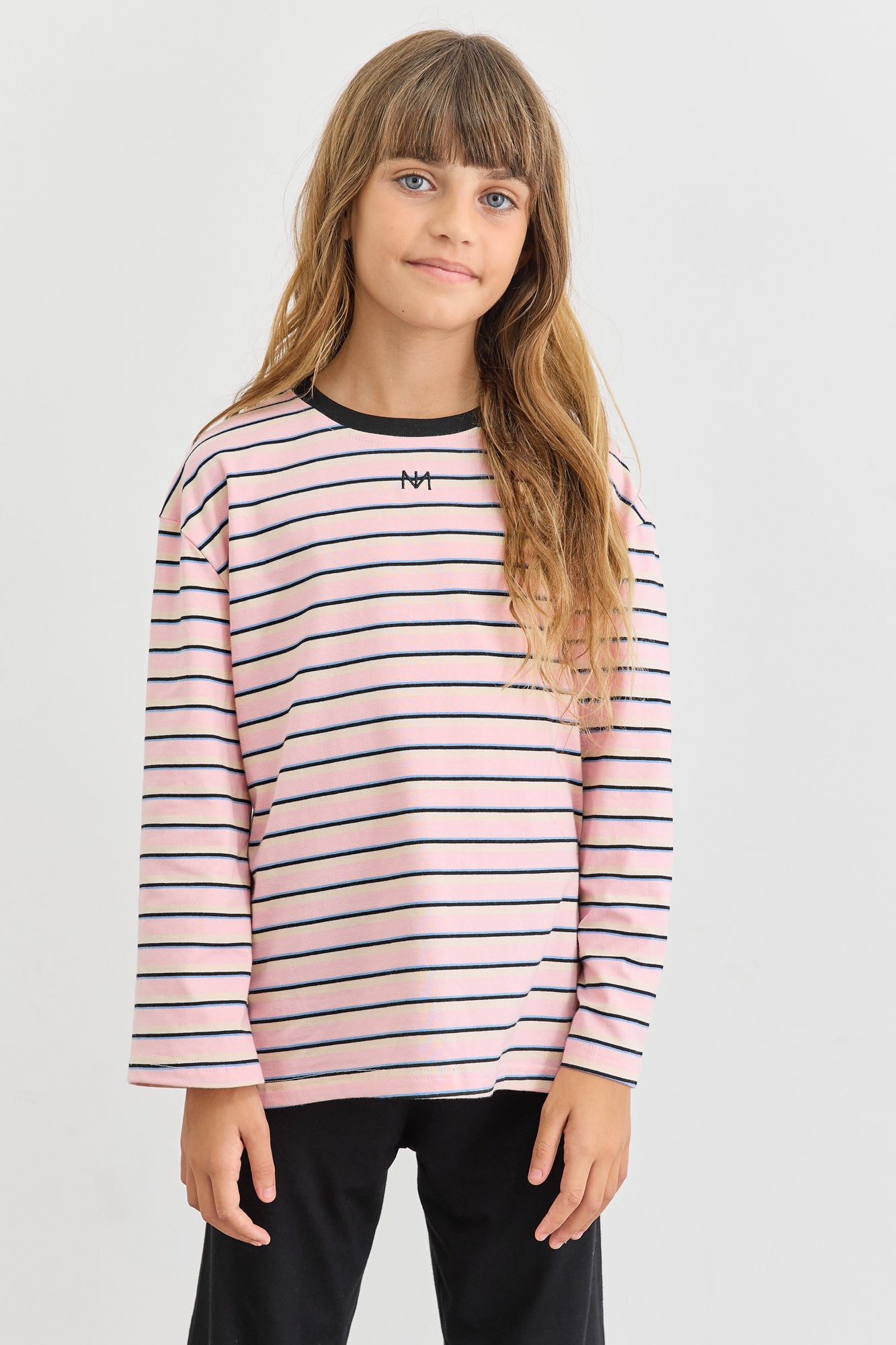 חולצת פסים עם צווארון מובלט ולוגו | ורוד