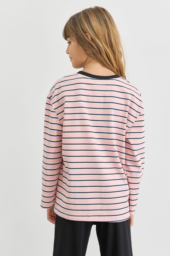 חולצת פסים עם צווארון מובלט ולוגו | ורוד