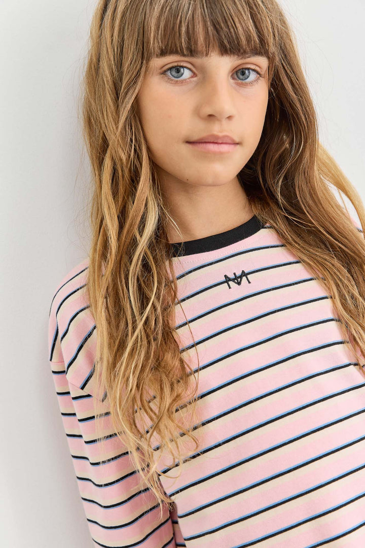 חולצת פסים עם צווארון מובלט ולוגו | ורוד