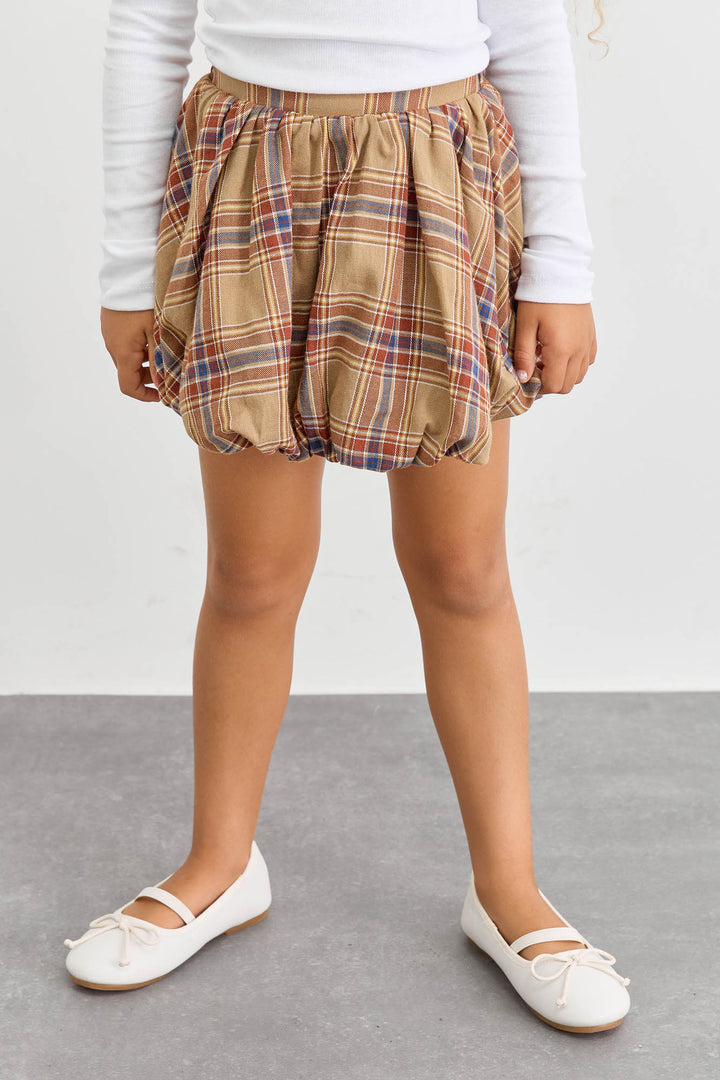 חצאית מיני משבצות גזרת בלון | בז'