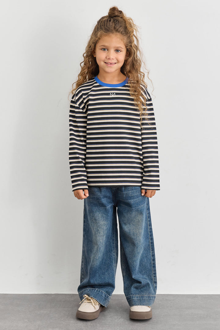 חולצת פסים עם צווארון מובלט ולוגו | שחור