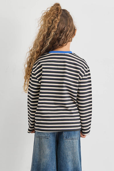 חולצת פסים עם צווארון מובלט ולוגו | שחור
