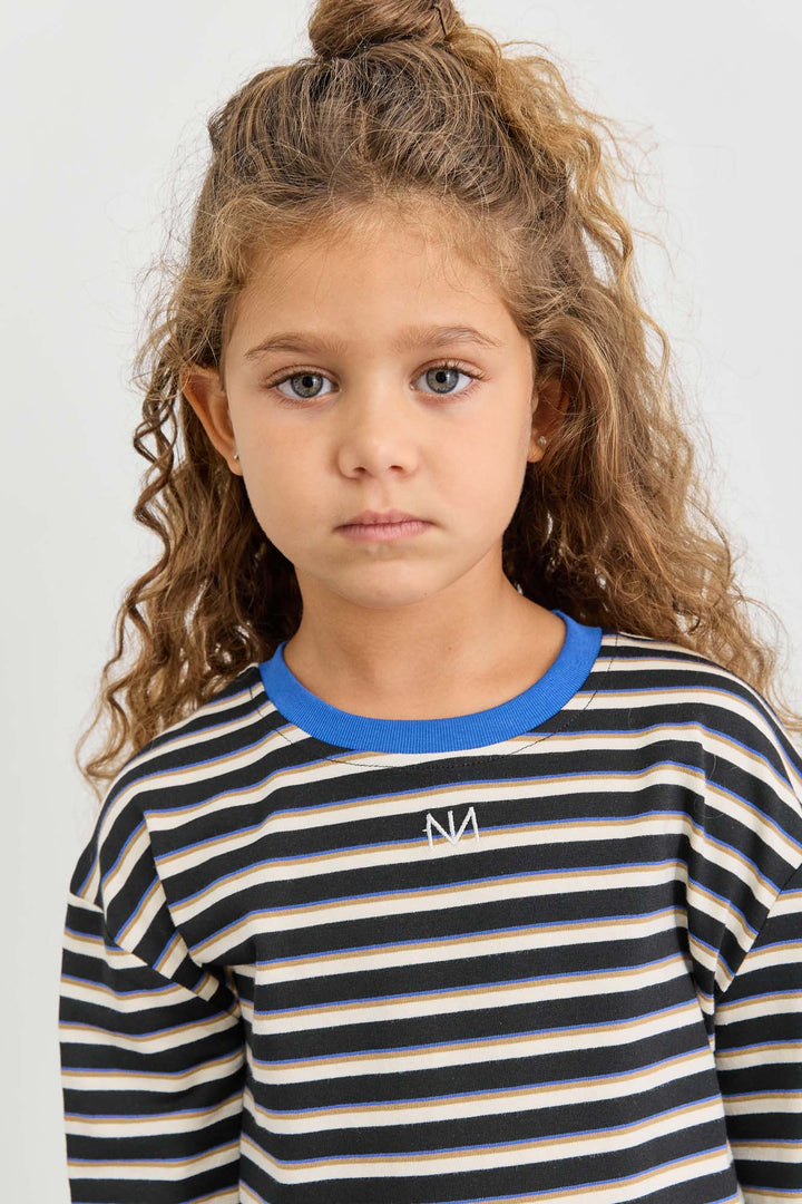 חולצת פסים עם צווארון מובלט ולוגו | שחור