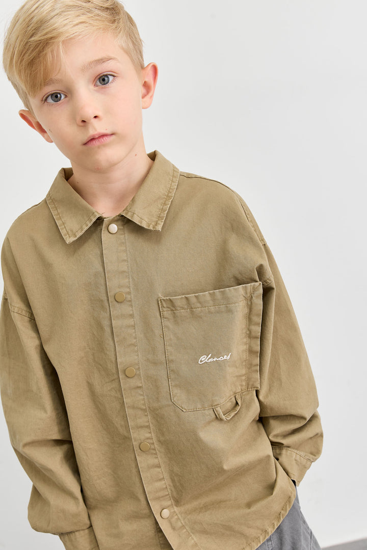 מכופתרת אוברסייז בשילוב רקמה | חום