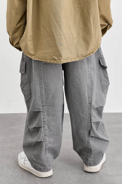 מכנסי דריל גזרת בלון בשילוב כיסים | אפור