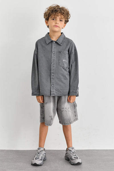 מכופתרת אוברסייז בשילוב רקמה | אפור