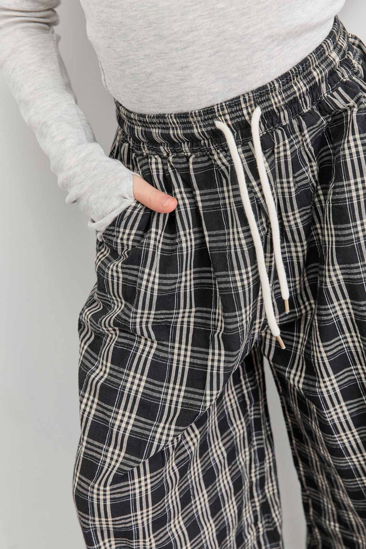 מכנסיים רחבים הדפס משבצות | שחור/לבן