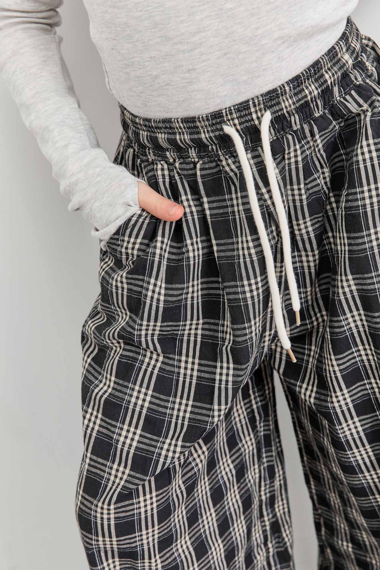 מכנסיים רחבים הדפס משבצות | שחור/לבן