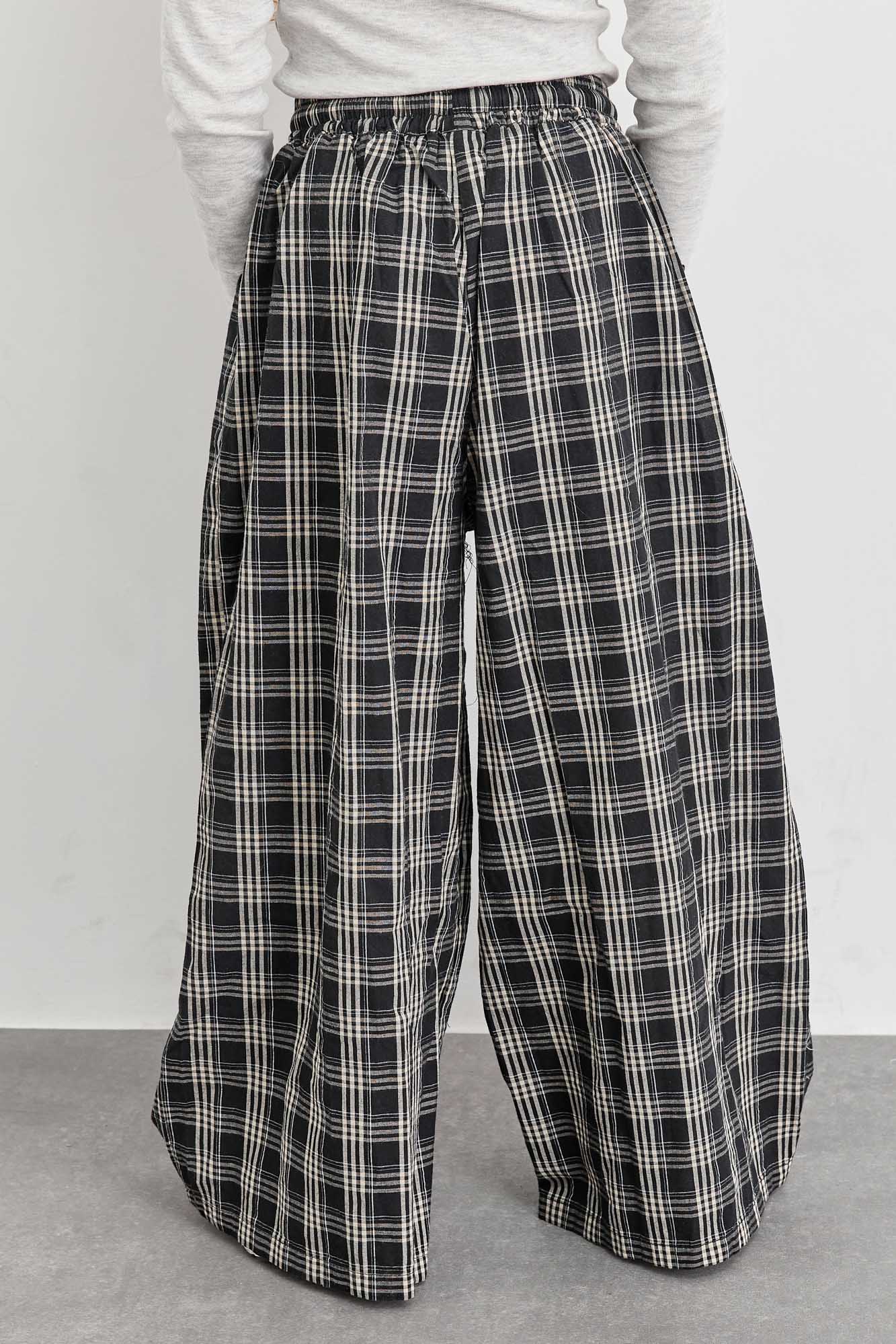 מכנסיים רחבים הדפס משבצות | שחור/לבן