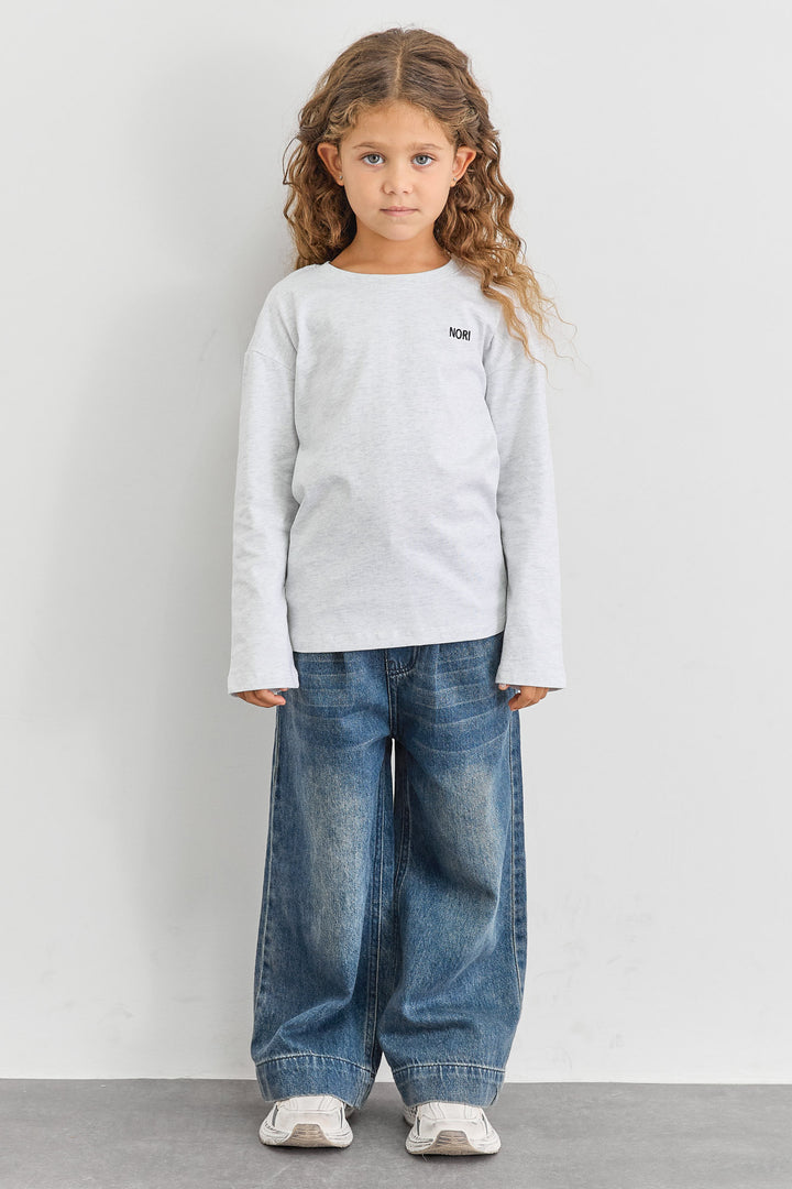 טי שירט אוברסייז שרוול ארוך בשילוב רקמה | אפור