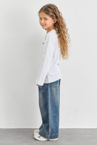 טי שירט אוברסייז שרוול ארוך בשילוב רקמה | אפור