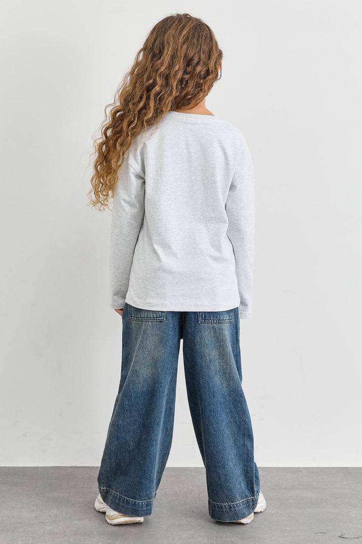 טי שירט אוברסייז שרוול ארוך בשילוב רקמה | אפור