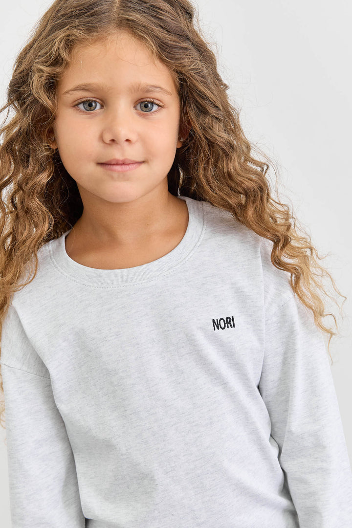 טי שירט אוברסייז שרוול ארוך בשילוב רקמה | אפור