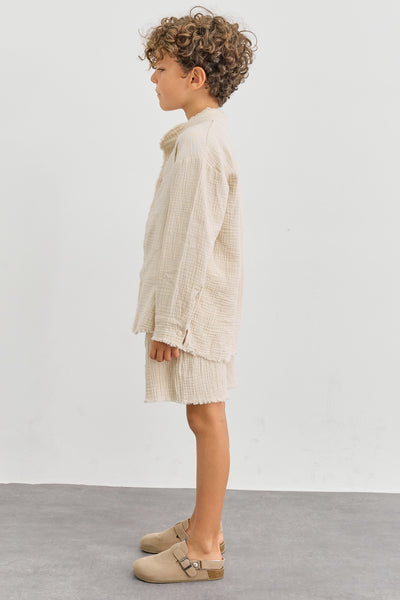 חליפת טטרה מכופתרת ושורטס בסיומת פרומה | בז'