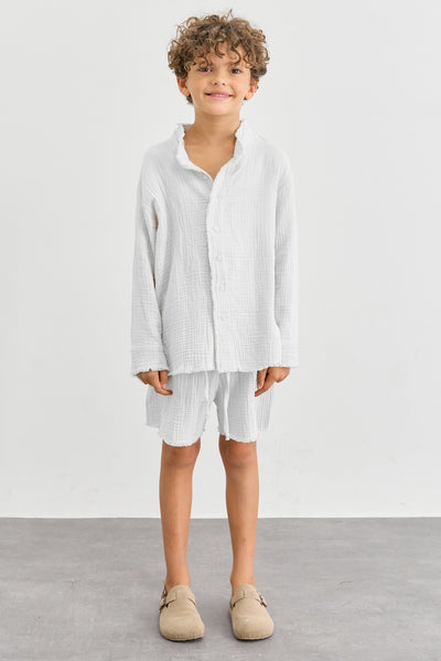 חליפת טטרה מכופתרת ושורטס בסיומת פרומה | לבן