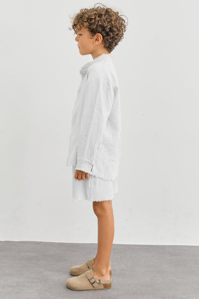 חליפת טטרה מכופתרת ושורטס בסיומת פרומה | לבן