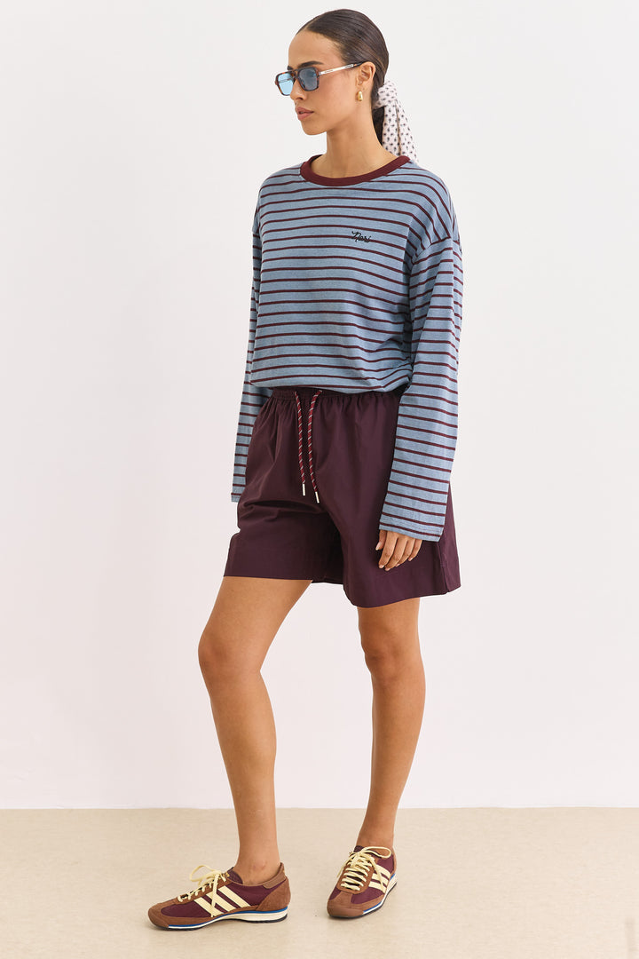 חולצת פסים טים גזרת אוברסייז | כחול/בורדו