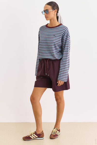 חולצת פסים טים גזרת אוברסייז | כחול/בורדו