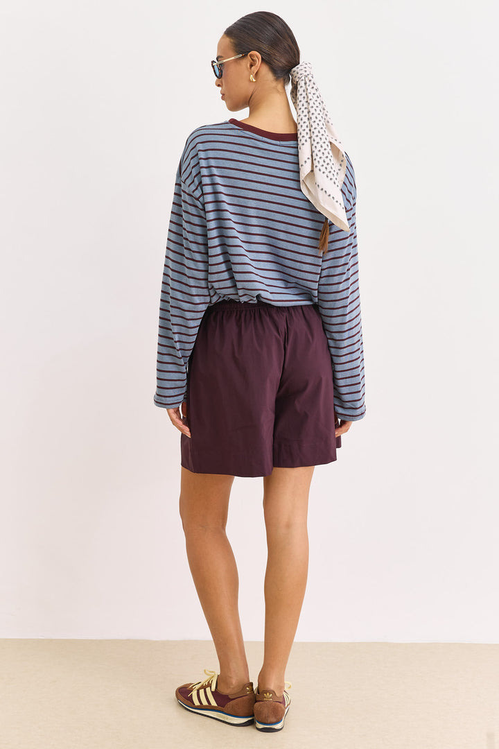 חולצת פסים טים גזרת אוברסייז | כחול/בורדו