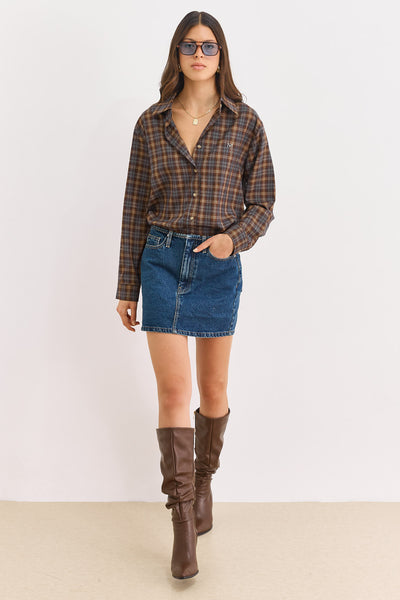 PRE-ORDER מכופתרת אלי הדפס משבצות | חום/כחול