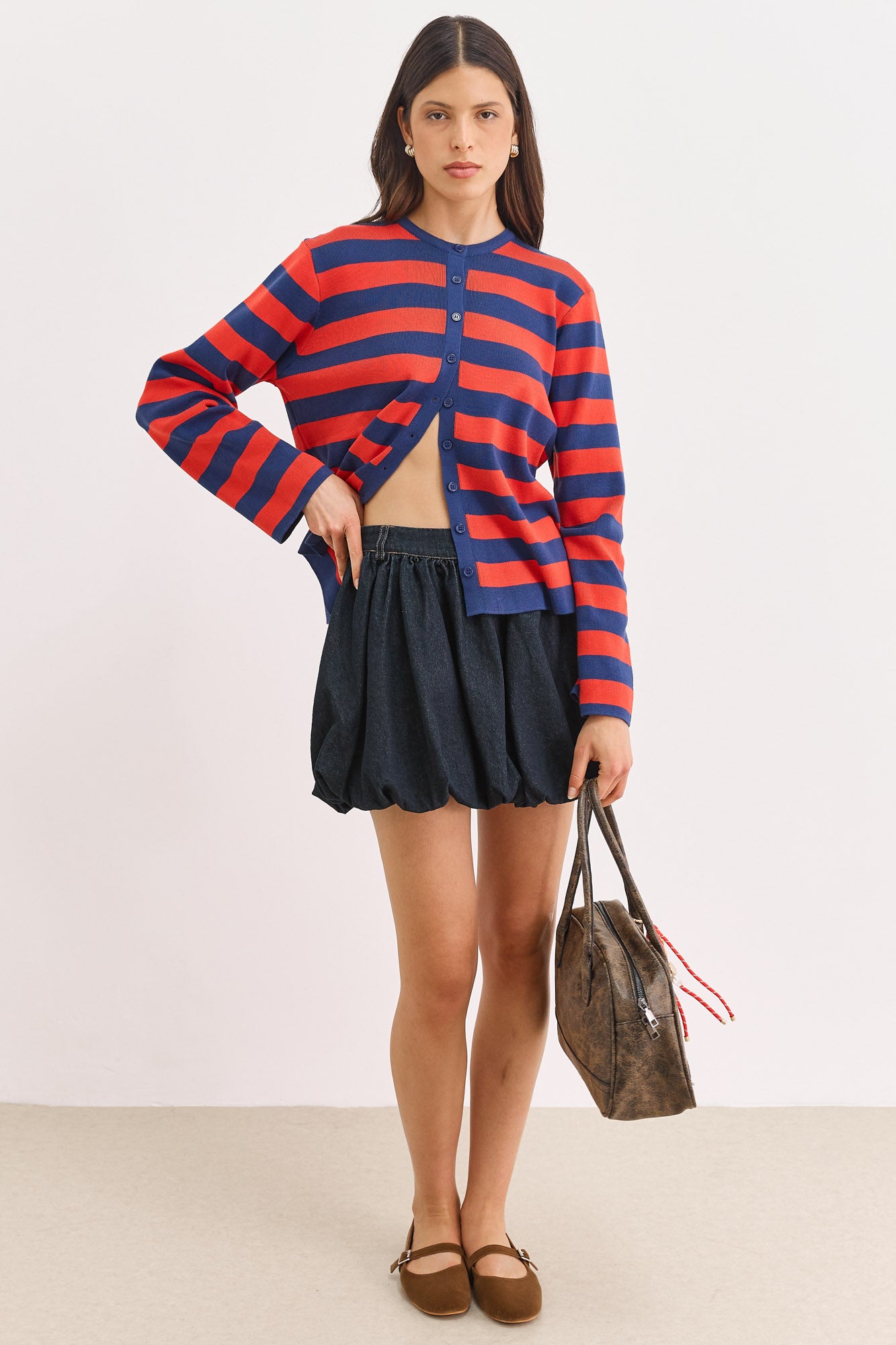 קרדיגן סריג אן סטרייפס | כחול נייבי/אדום