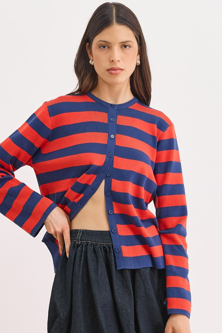קרדיגן סריג אן סטרייפס | כחול נייבי/אדום