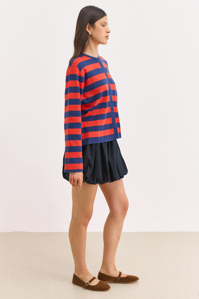 קרדיגן סריג אן סטרייפס | כחול נייבי/אדום